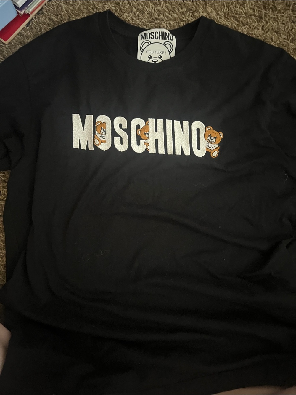 Moschino Black Tee with White Logo and Yellow Teddy Motifs